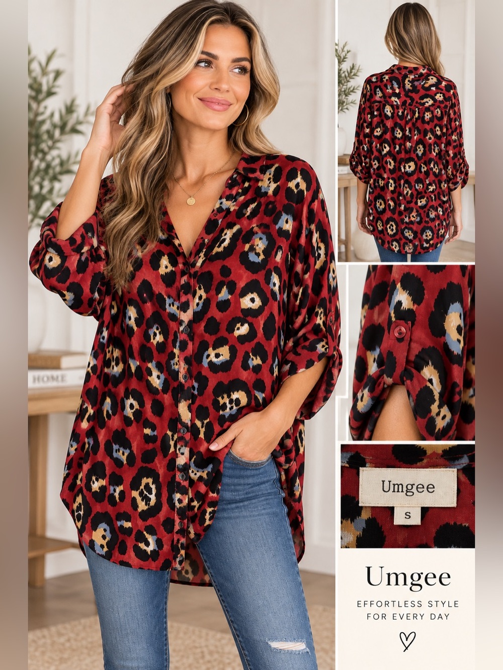 Umgee Women's Red Leopard Print Button-Front Blouse